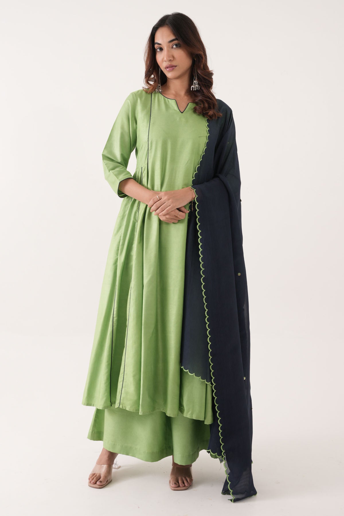 Buy Green Silk Piping Anarkali Set Online